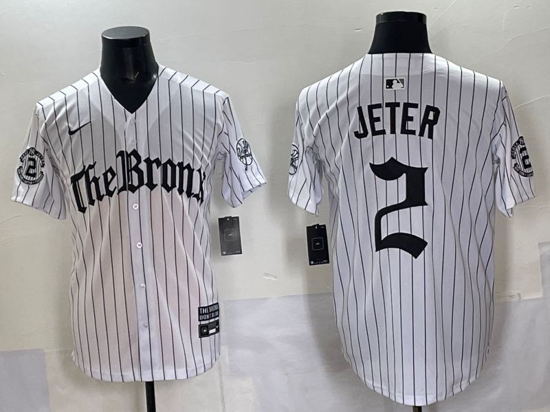 Men 2025 New York Yankees 2 Jeter White Stripe Five generations Joint Name Nike MLB Jersey style 01